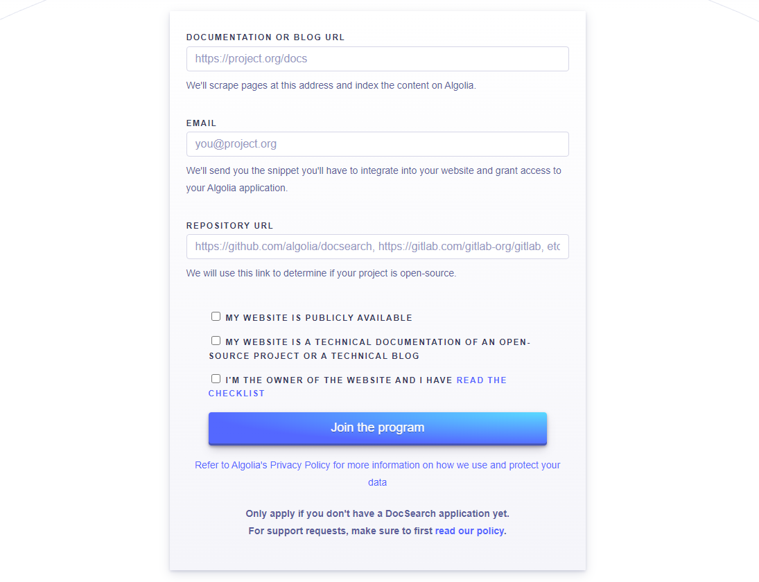 Algolia DocSearch Apply